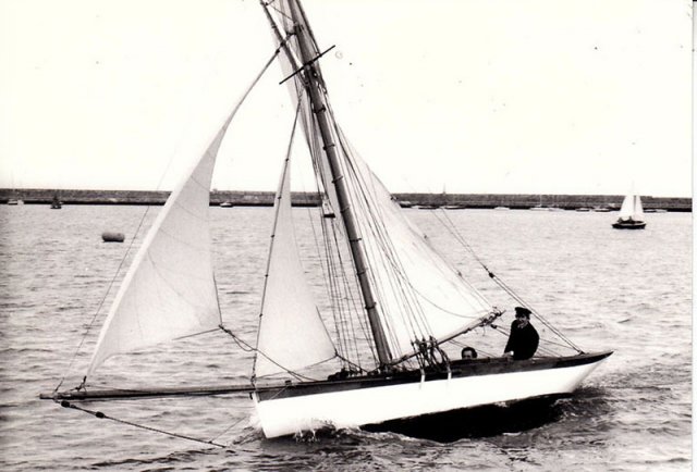 Hal Sisk sailing his first major project, the restoration of the 1884 Fife cutter Vagrant in 1984. Photo: W.M.Nixon