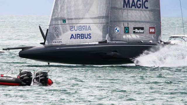 Beam on American Magic's proximity to the water surface is evident. Photo by Richard Gladwell / Sail-world.com
