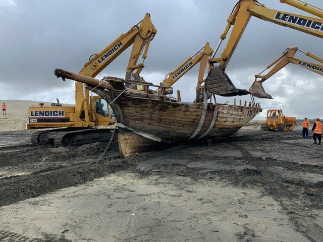 Excavation ahead of the retrieval of the remains of the 53ft Daring lost in 1865 at the entrance to the Kaipara Harbour - Photo by Classic Yacht Charitable Trust